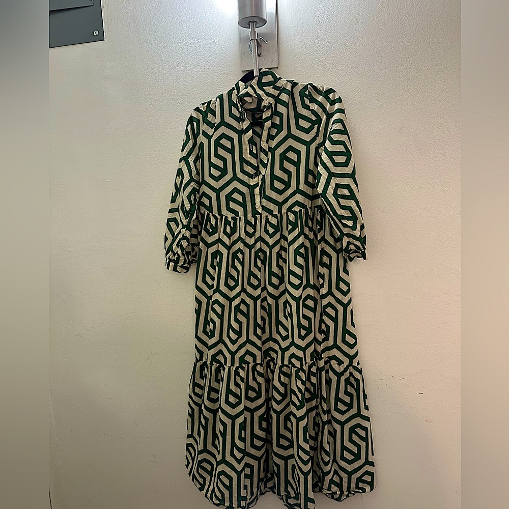 Zara Geometric Print Karen Midi Maxi  Tunic Dress Green Tiered